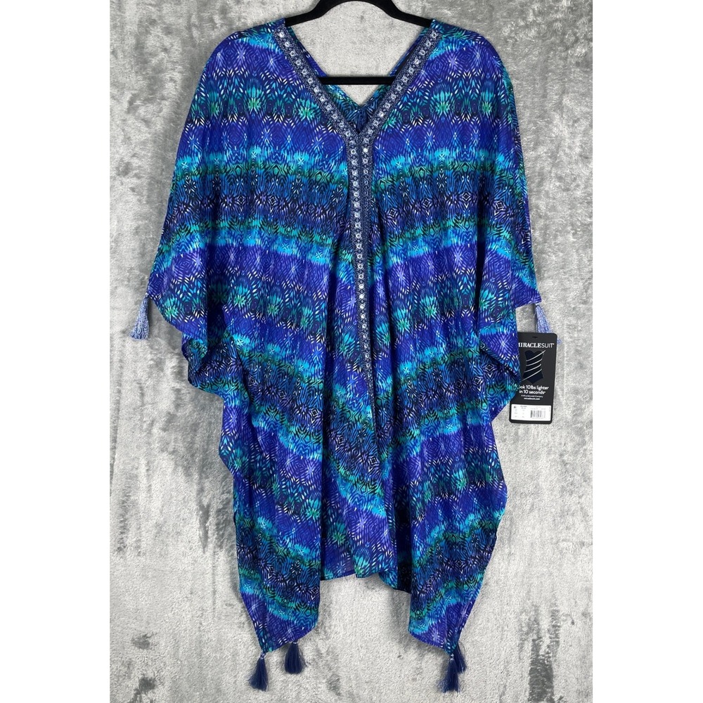 Miraclesuit Dynasty Caftan Swim Cover Up‎ Womens Medium Blue Embellished Tassel